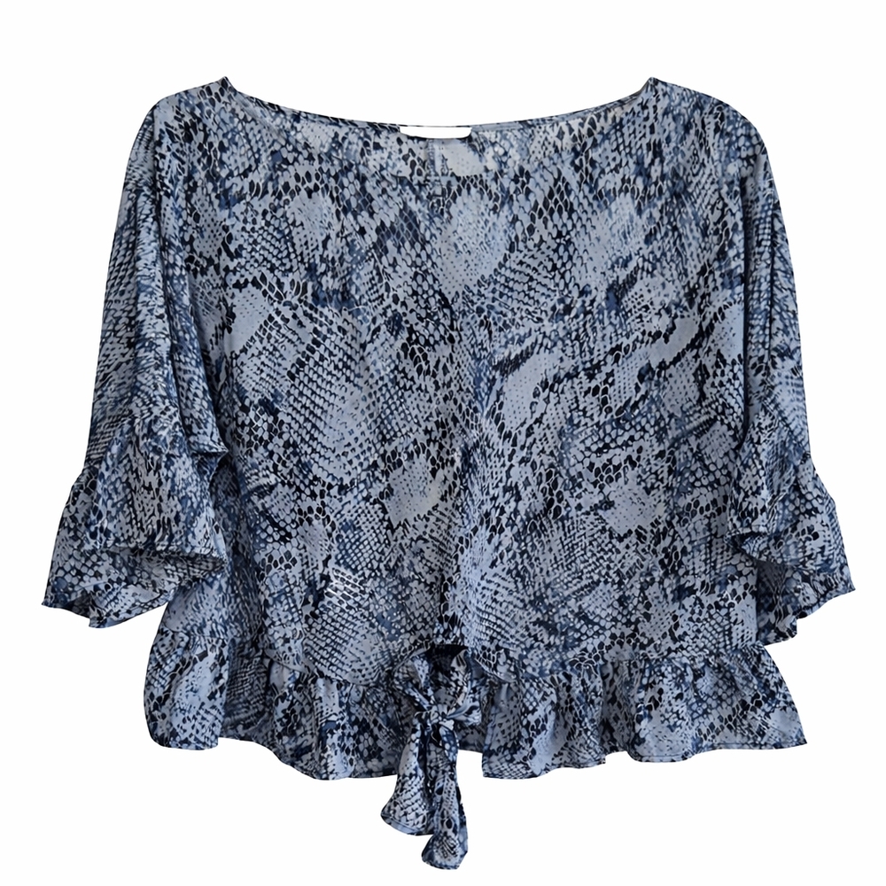 ODDY Trending Snake Print Blouse Sz.S Python Print Peplum Sleeve Tie Front Top